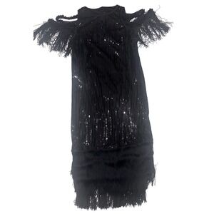 1930's Inspired Black Sequin Fringe Cold Shoulder Mini Dress Glam Party Occasion